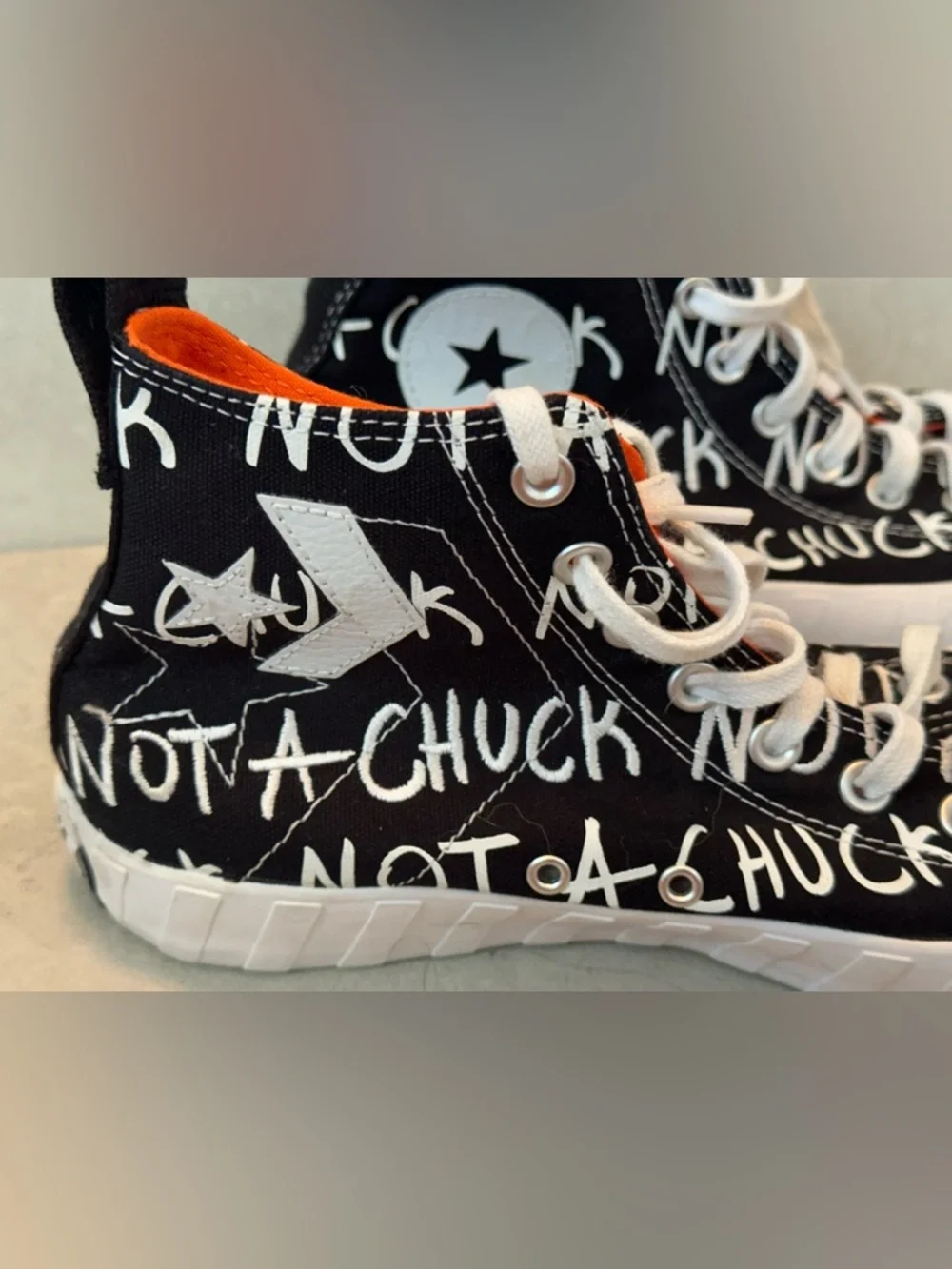 Converse Not A Chuck Black White Orange Text Graphic Canvas Size 9 Pre Owned - Picture 2 of 10